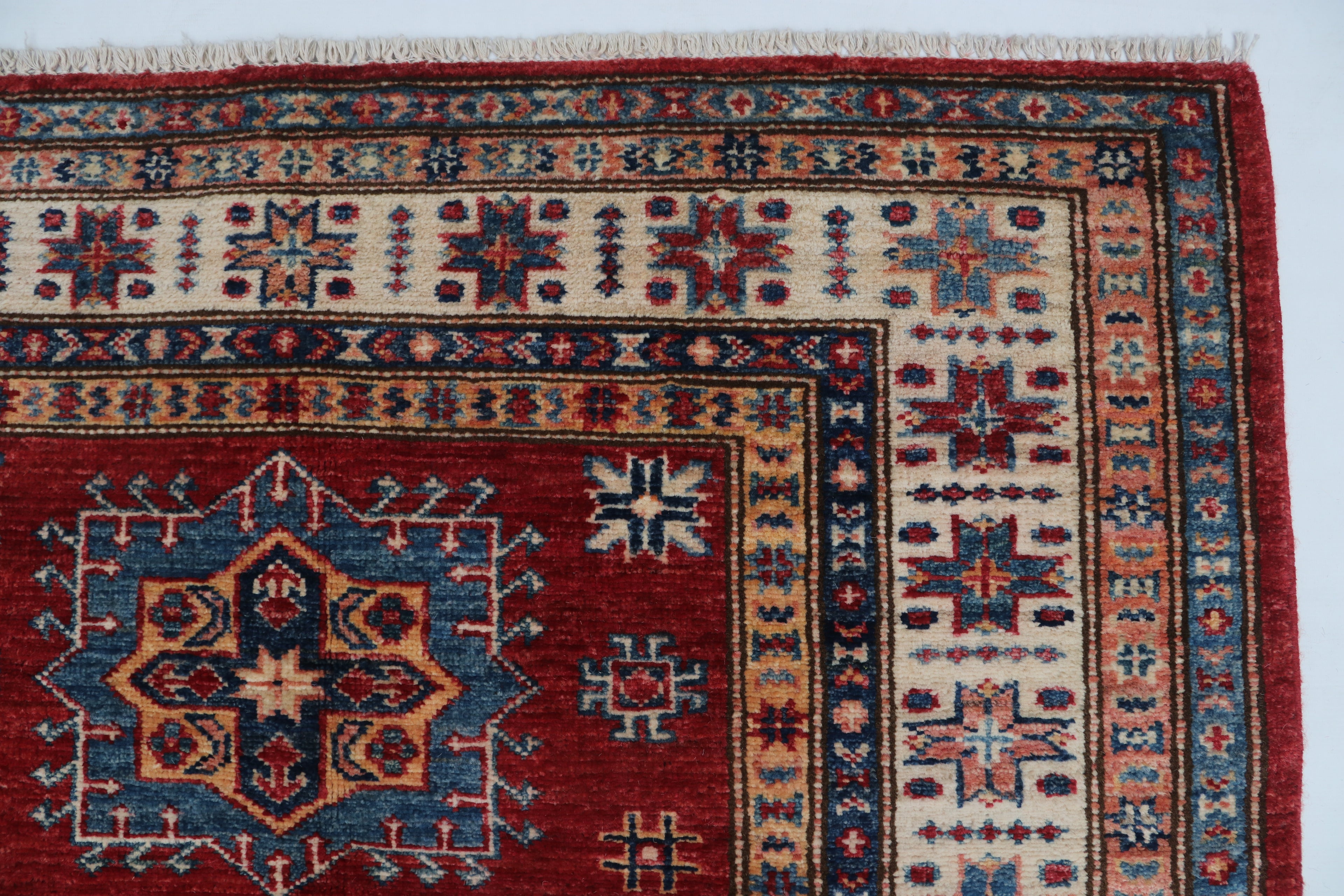 3x5 Beige & Red Super Kazak Area Rug | Handmade Wool & Cotton Geometric Rug