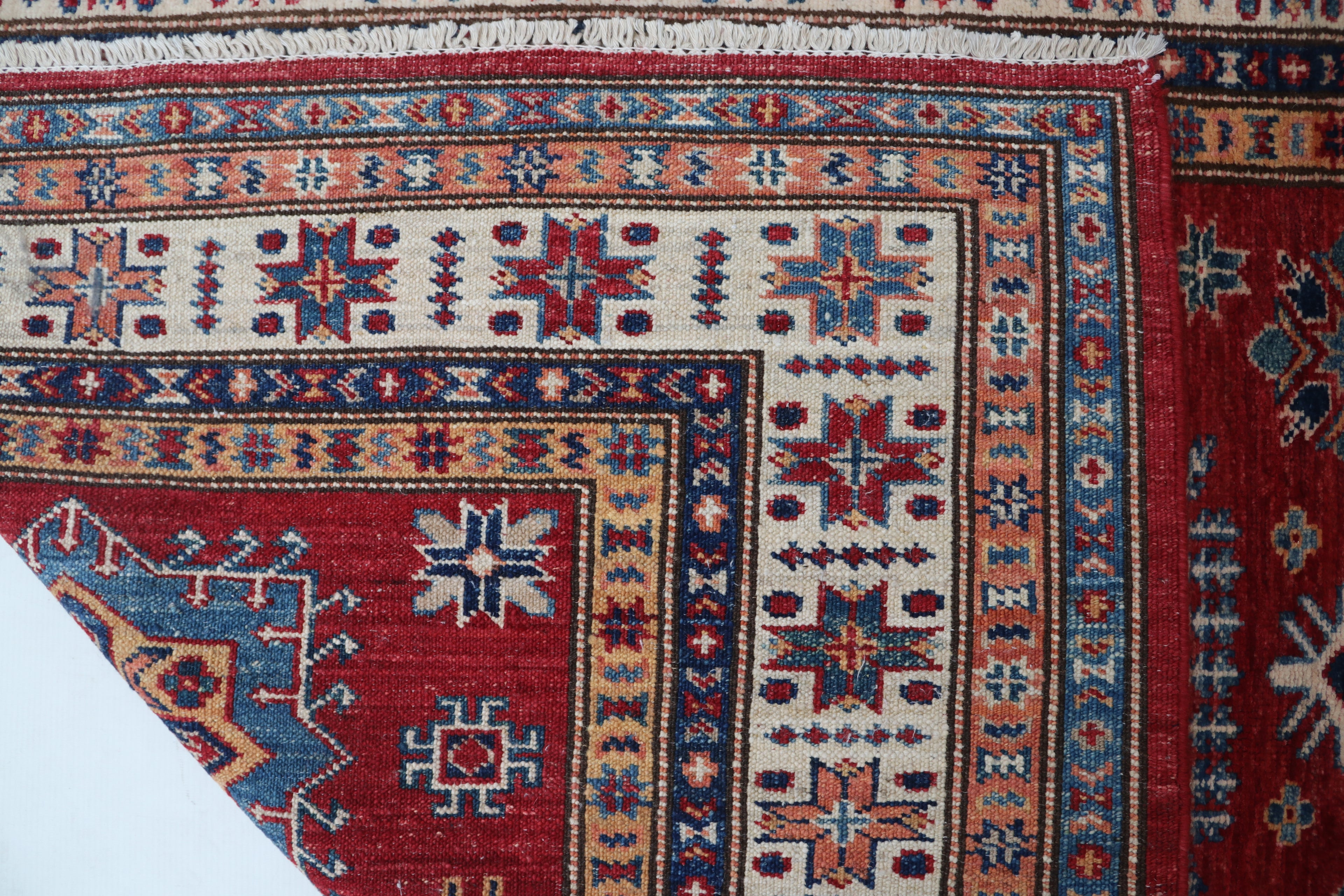 3x5 Beige & Red Super Kazak Area Rug | Handmade Wool & Cotton Geometric Rug