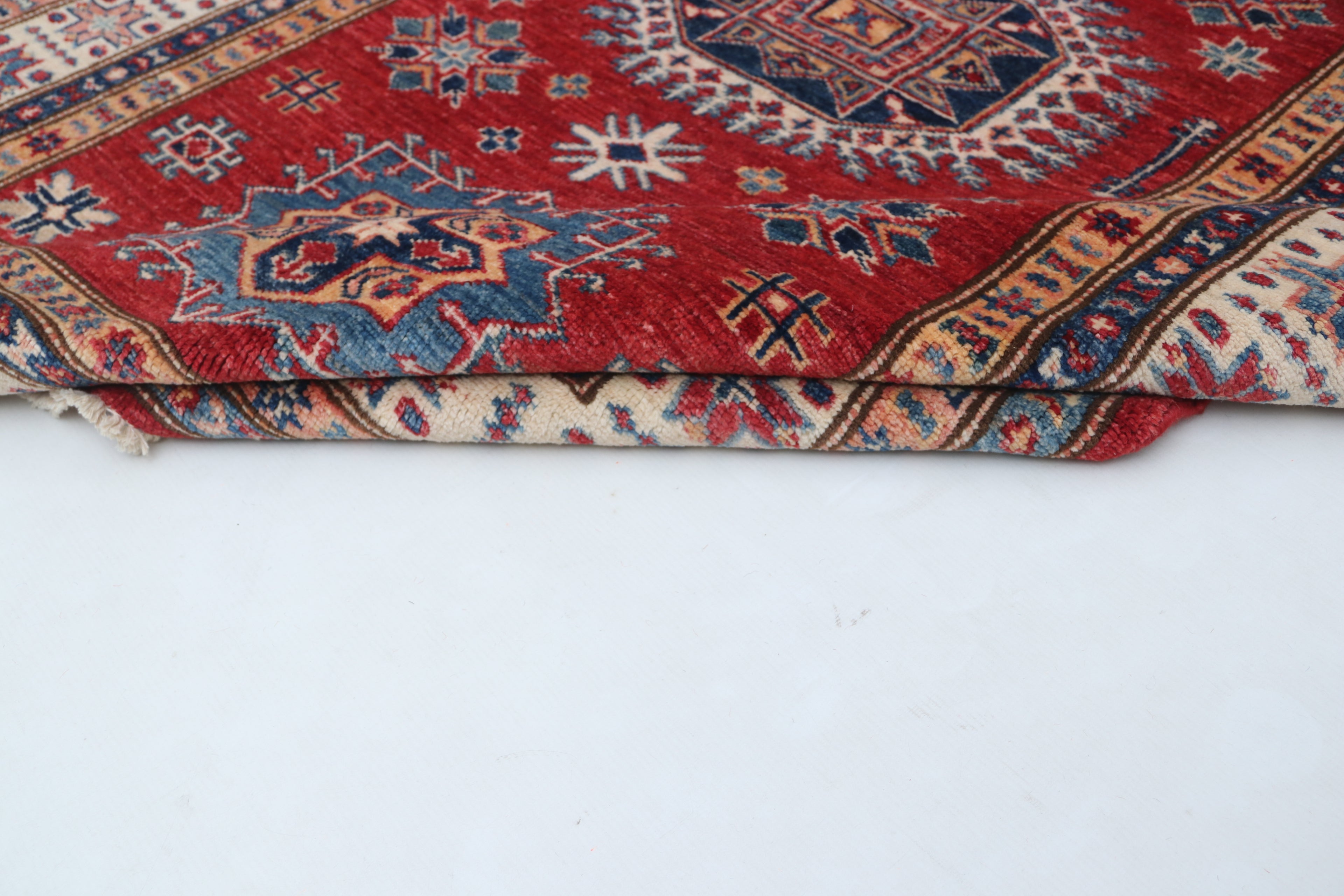 3x5 Beige & Red Super Kazak Area Rug | Handmade Wool & Cotton Geometric Rug