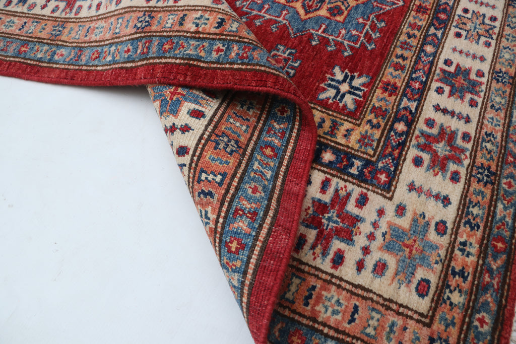 3x5 Beige & Red Super Kazak Area Rug | Handmade Wool & Cotton Geometric Rug