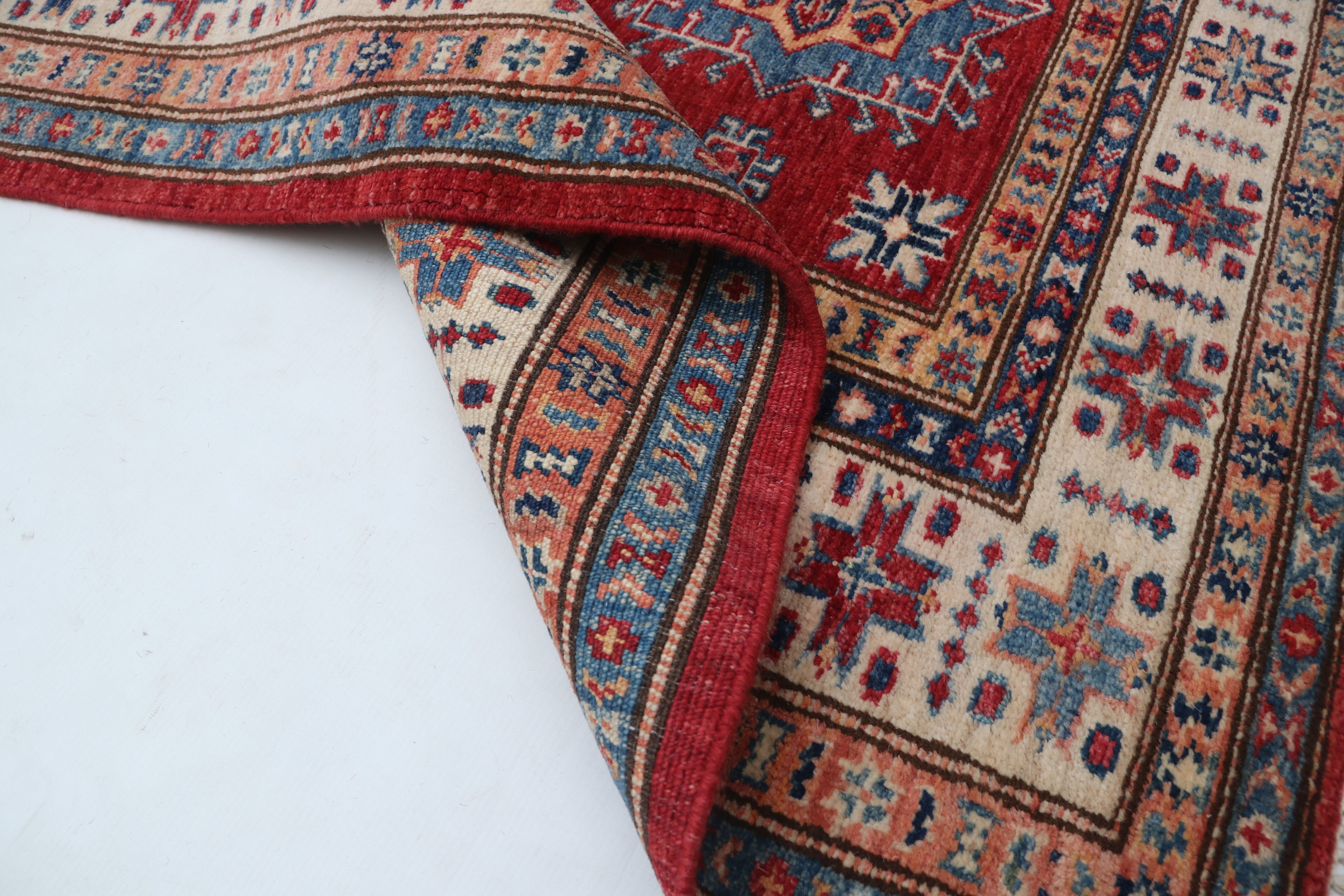 3x5 Beige & Red Super Kazak Area Rug | Handmade Wool & Cotton Geometric Rug