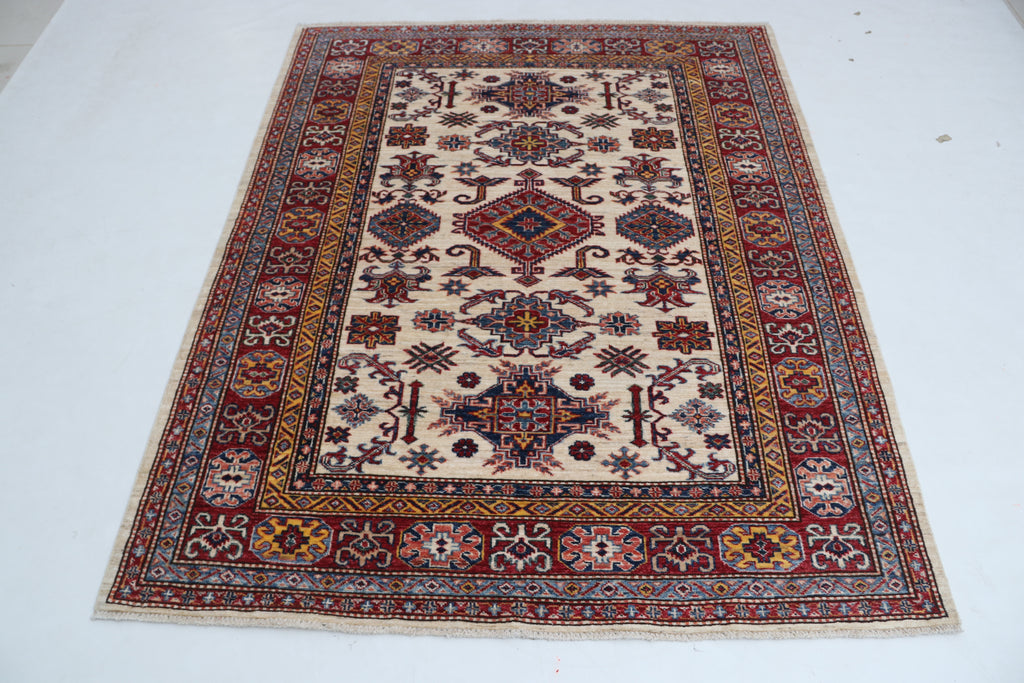 5x6 Beige & Red Super Kazak Geometric Handmade Cotton & Wool Rug | Premium Luxury Area Rug