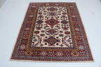 5x6 Beige & Red Super Kazak Geometric Handmade Cotton & Wool Rug | Premium Luxury Area Rug