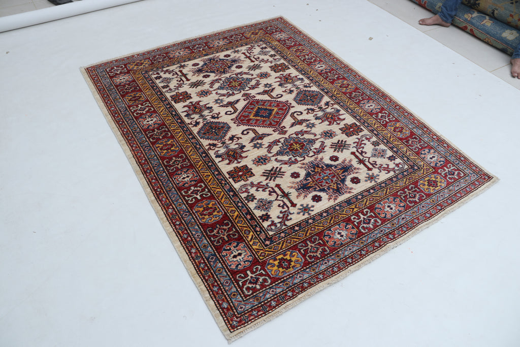 5x6 Beige & Red Super Kazak Geometric Handmade Cotton & Wool Rug | Premium Luxury Area Rug