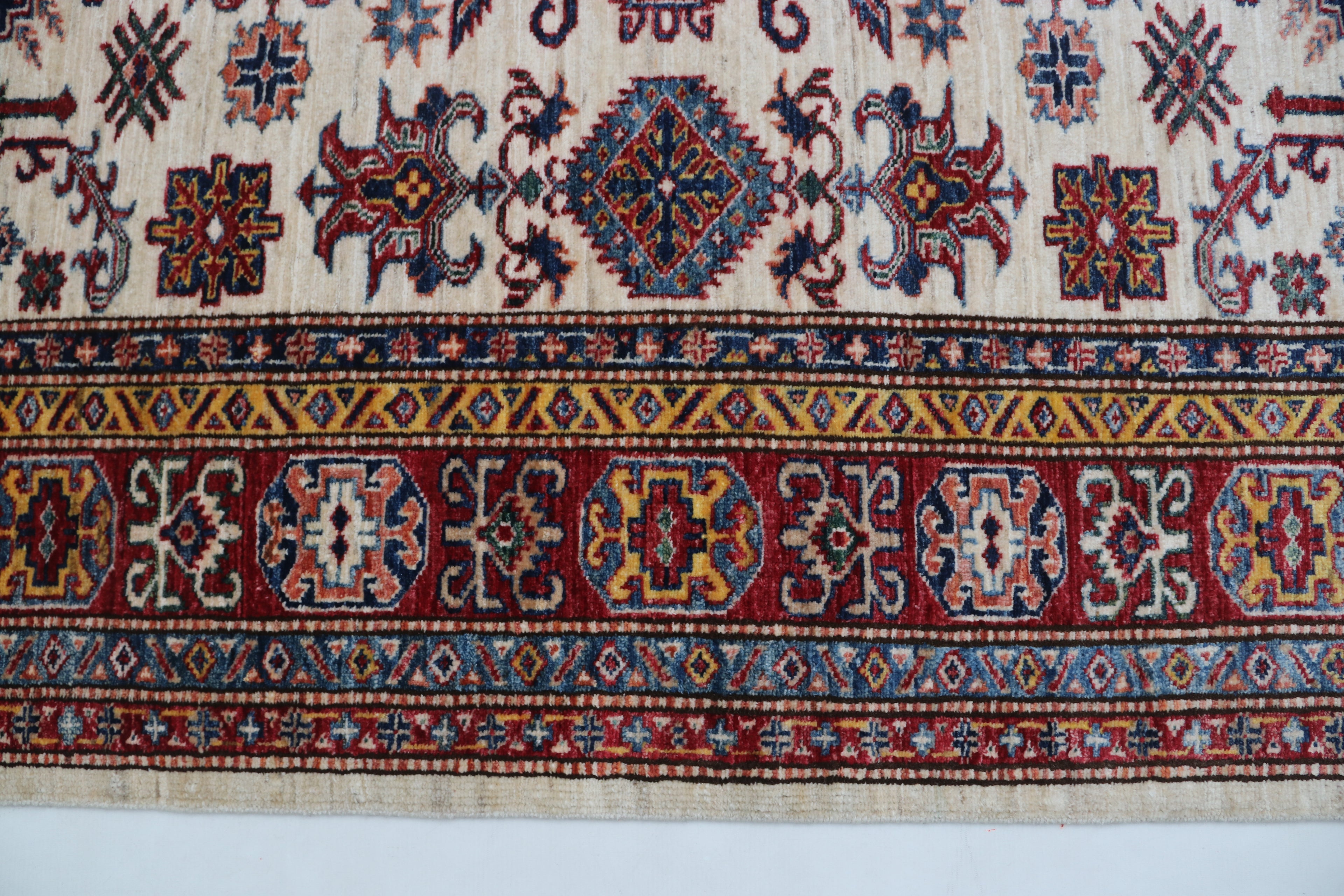 5x6 Beige & Red Super Kazak Geometric Handmade Cotton & Wool Rug | Premium Luxury Area Rug