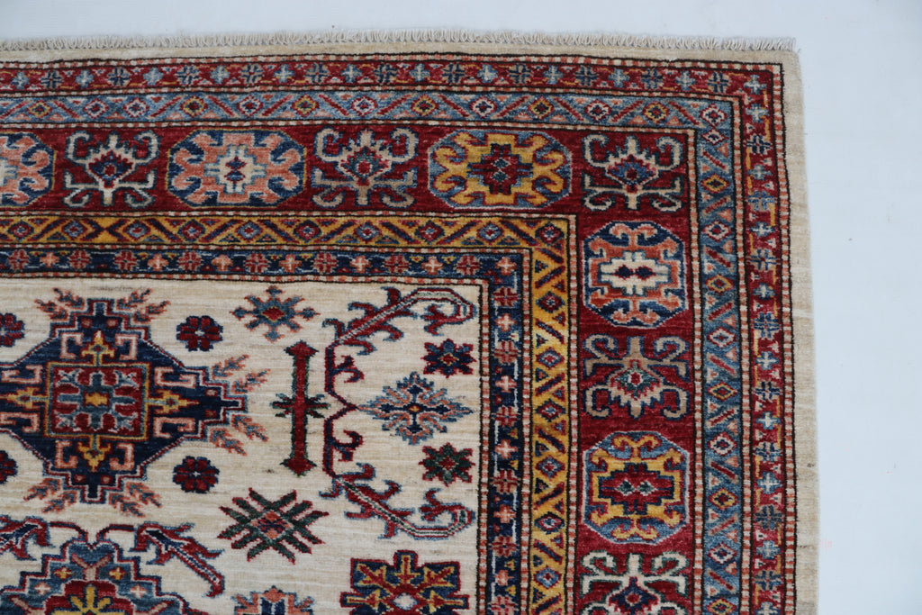 5x6 Beige & Red Super Kazak Geometric Handmade Cotton & Wool Rug | Premium Luxury Area Rug