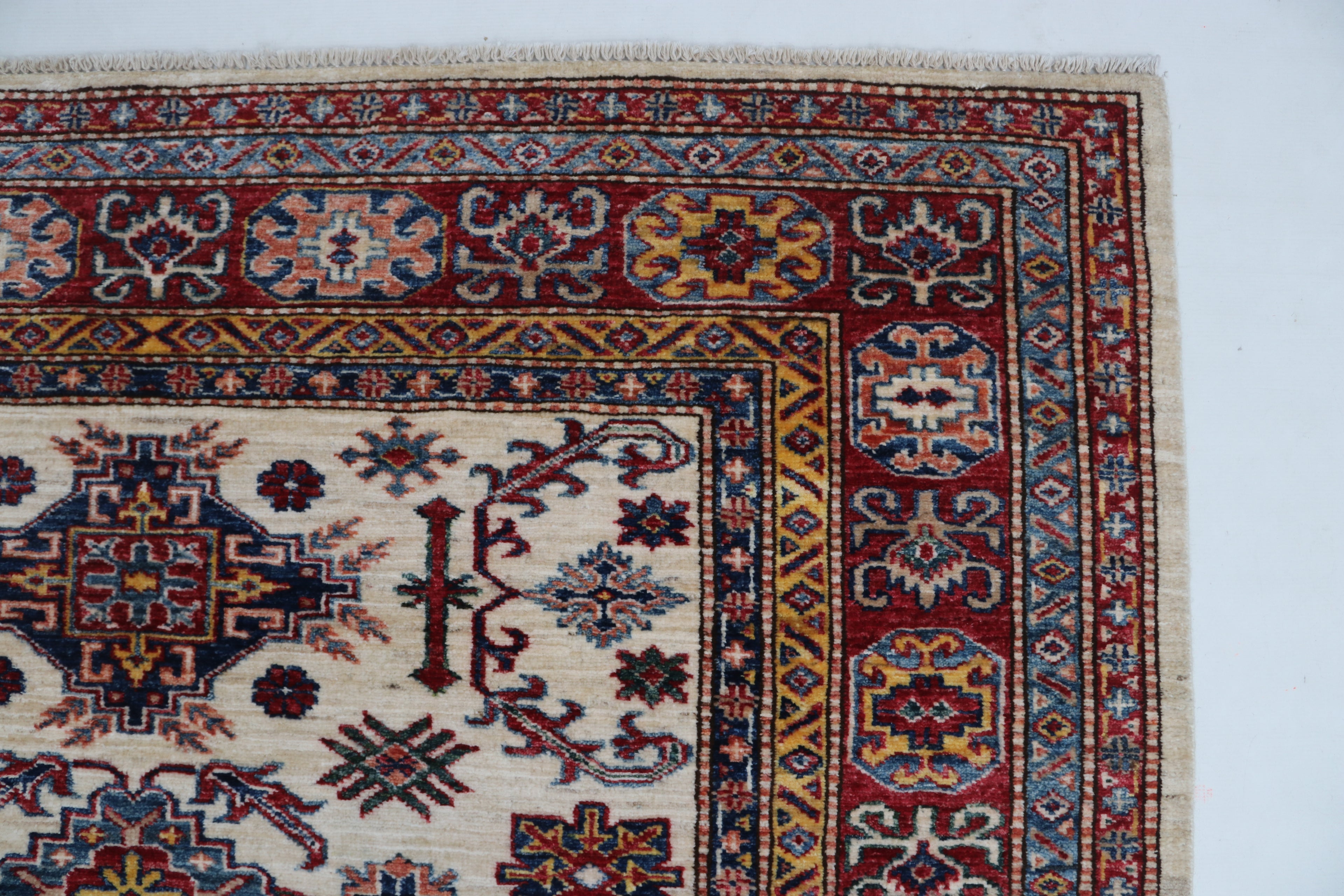 5x6 Beige & Red Super Kazak Geometric Handmade Cotton & Wool Rug | Premium Luxury Area Rug