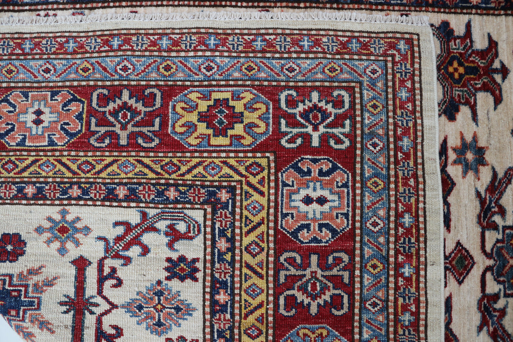 5x6 Beige & Red Super Kazak Geometric Handmade Cotton & Wool Rug | Premium Luxury Area Rug