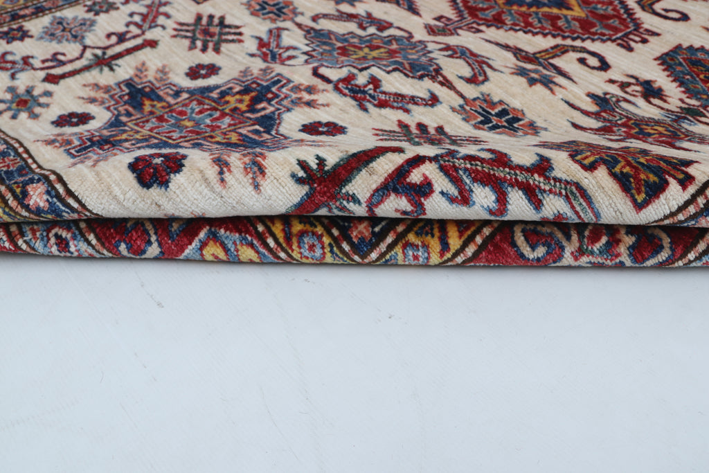 5x6 Beige & Red Super Kazak Geometric Handmade Cotton & Wool Rug | Premium Luxury Area Rug