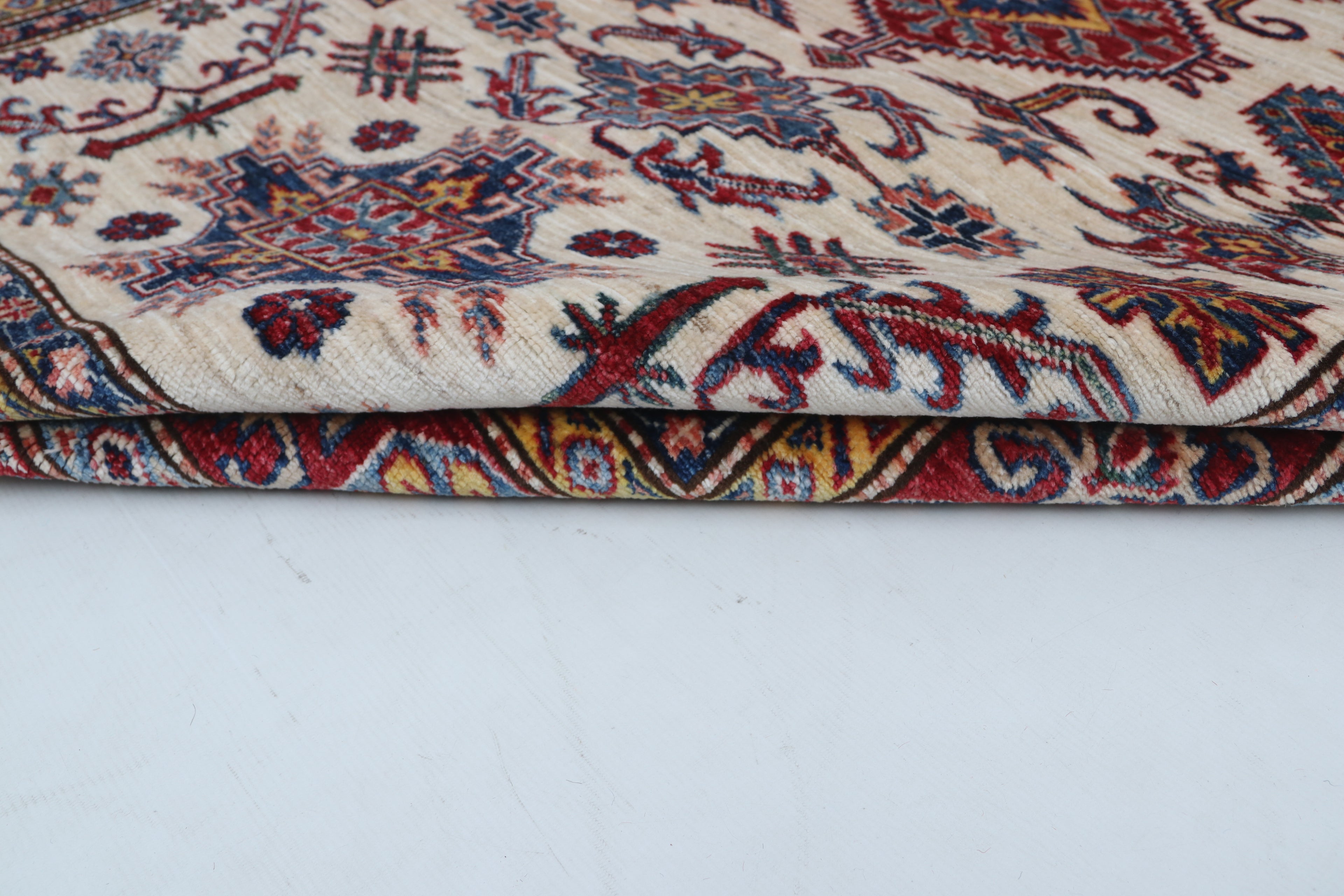 5x6 Beige & Red Super Kazak Geometric Handmade Cotton & Wool Rug | Premium Luxury Area Rug