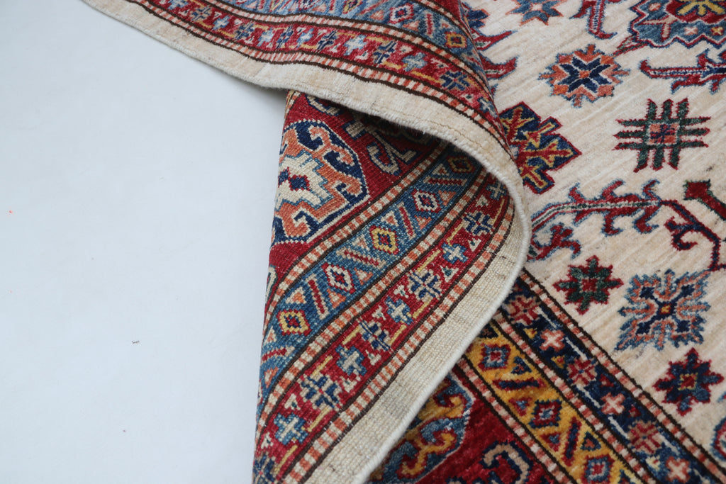 5x6 Beige & Red Super Kazak Geometric Handmade Cotton & Wool Rug | Premium Luxury Area Rug