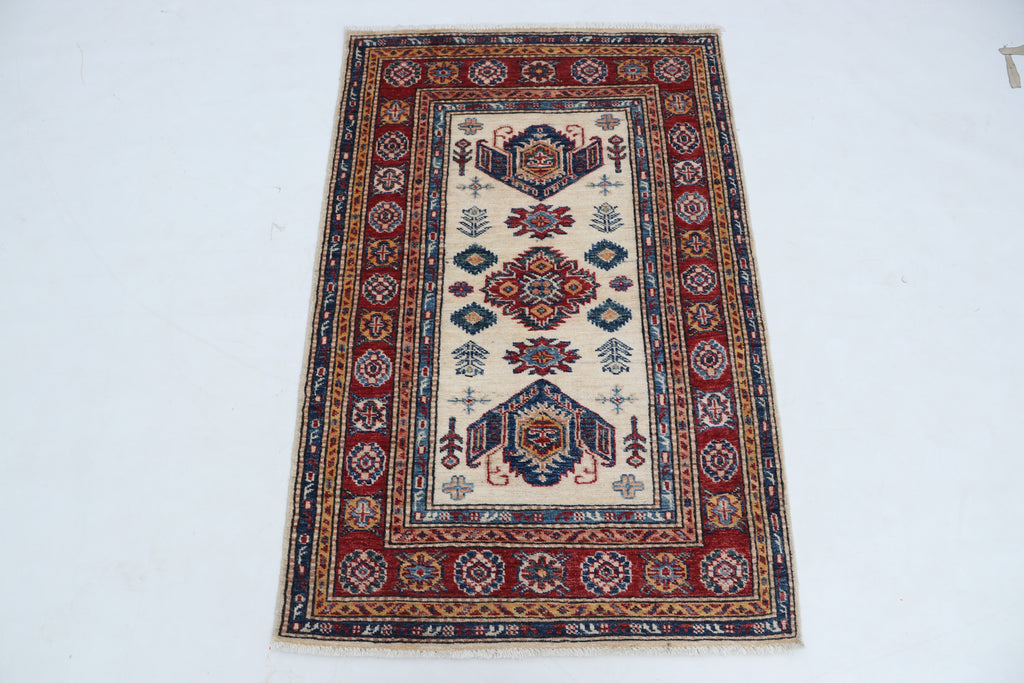 3x4 Beige & Red Super Kazak Area Rug | Handmade Wool & Cotton Geometric Rug