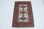 3x4 Beige & Red Super Kazak Area Rug | Handmade Wool & Cotton Geometric Rug