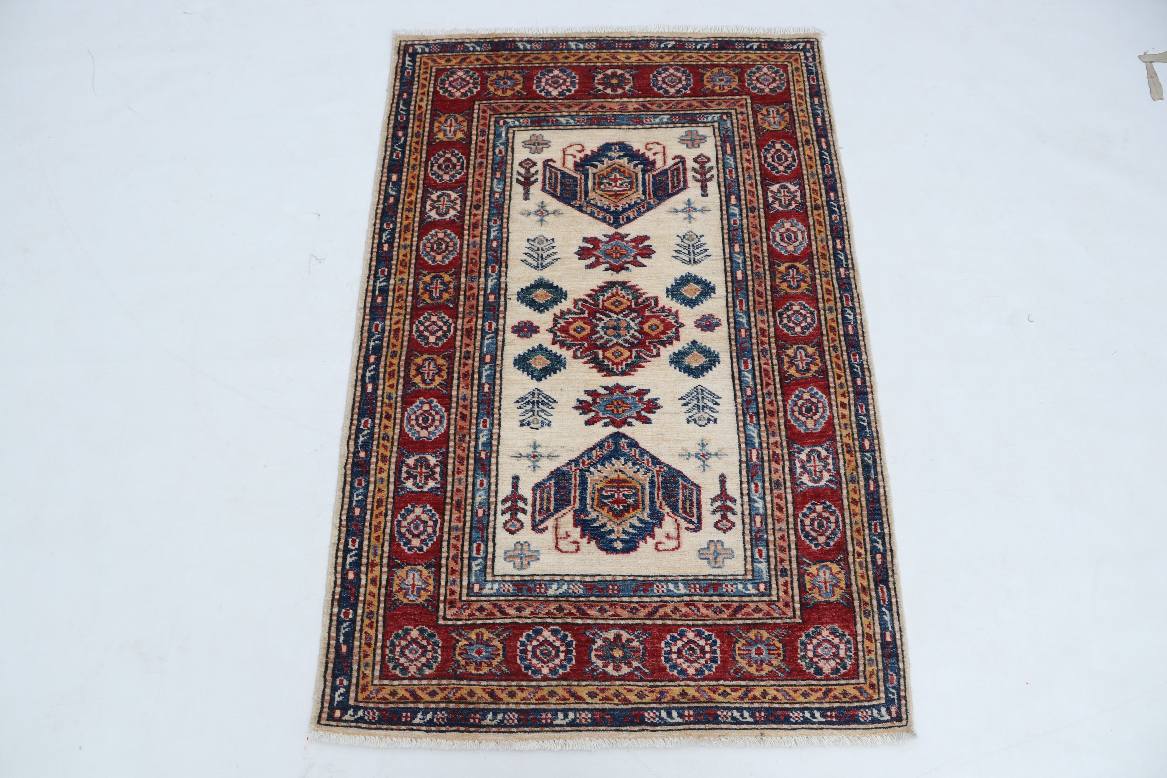 3x4 Beige & Red Super Kazak Area Rug | Handmade Wool & Cotton Geometric Rug