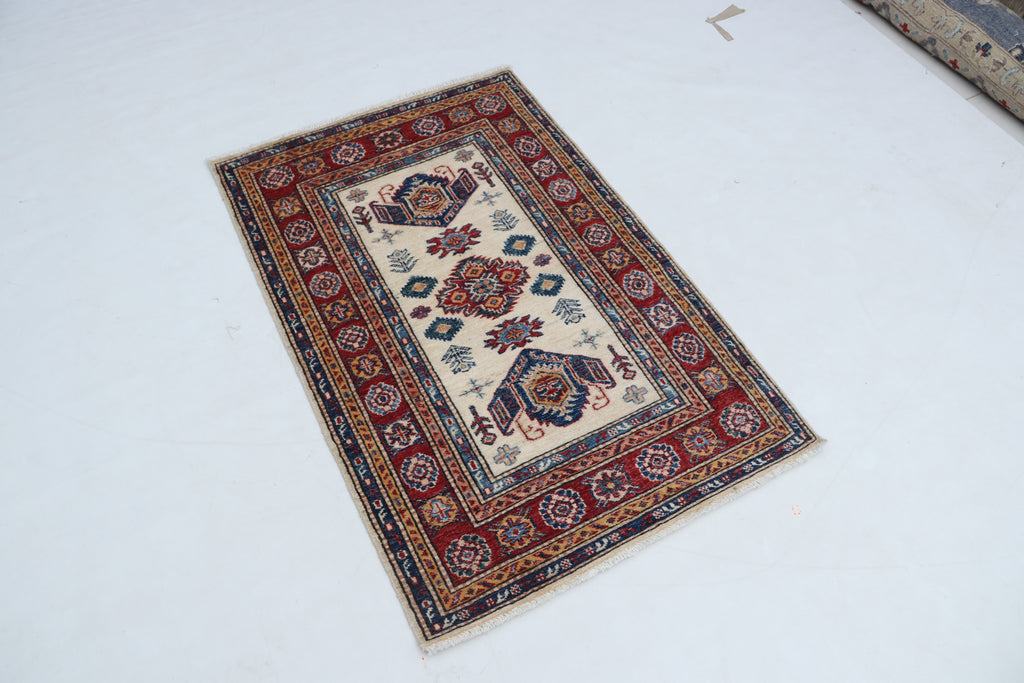 3x4 Beige & Red Super Kazak Area Rug | Handmade Wool & Cotton Geometric Rug