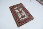 3x4 Beige & Red Super Kazak Area Rug | Handmade Wool & Cotton Geometric Rug