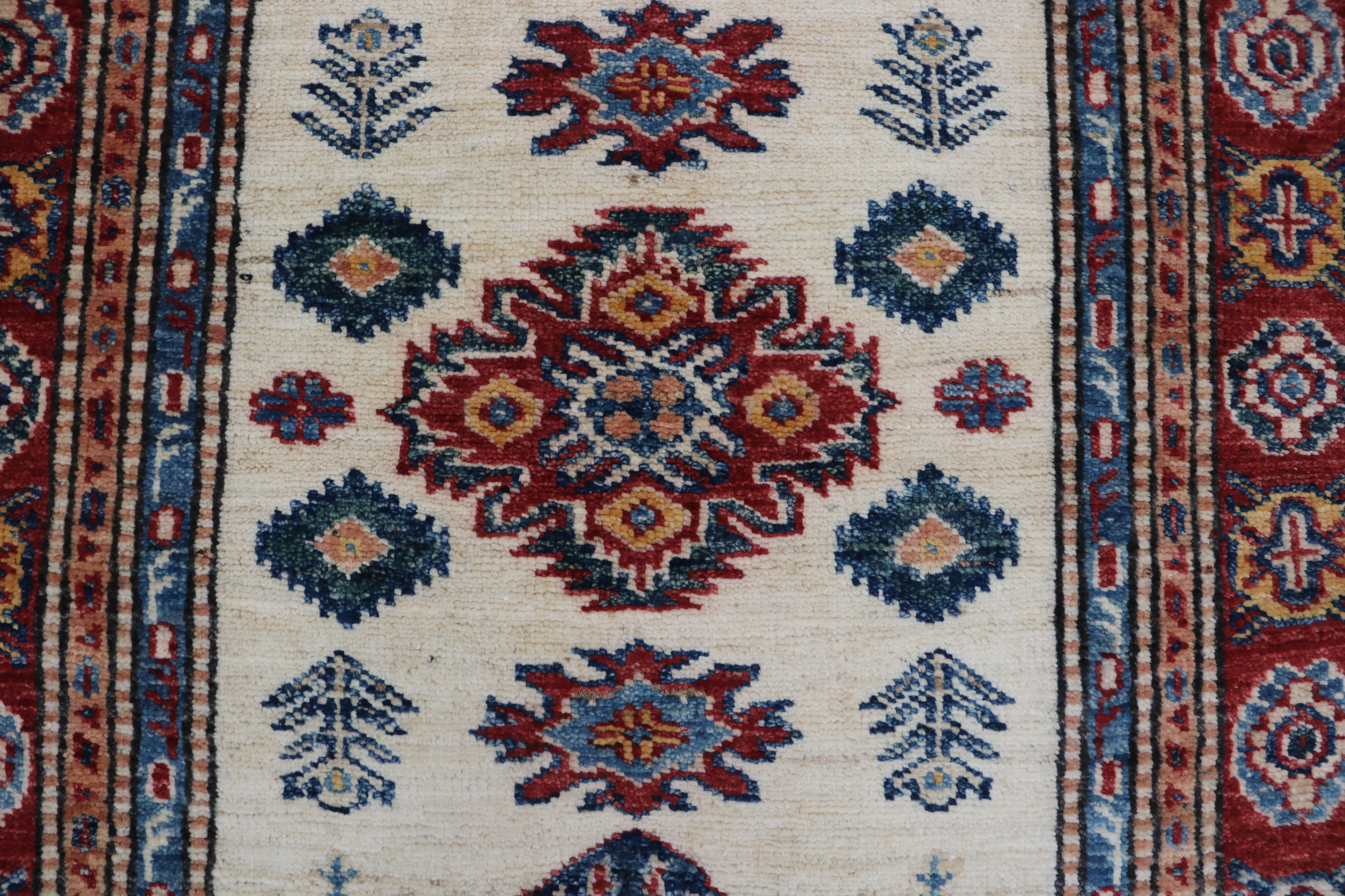 3x4 Beige & Red Super Kazak Area Rug | Handmade Wool & Cotton Geometric Rug