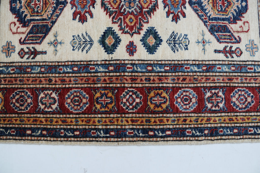 3x4 Beige & Red Super Kazak Area Rug | Handmade Wool & Cotton Geometric Rug