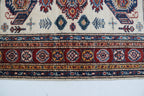 3x4 Beige & Red Super Kazak Area Rug | Handmade Wool & Cotton Geometric Rug