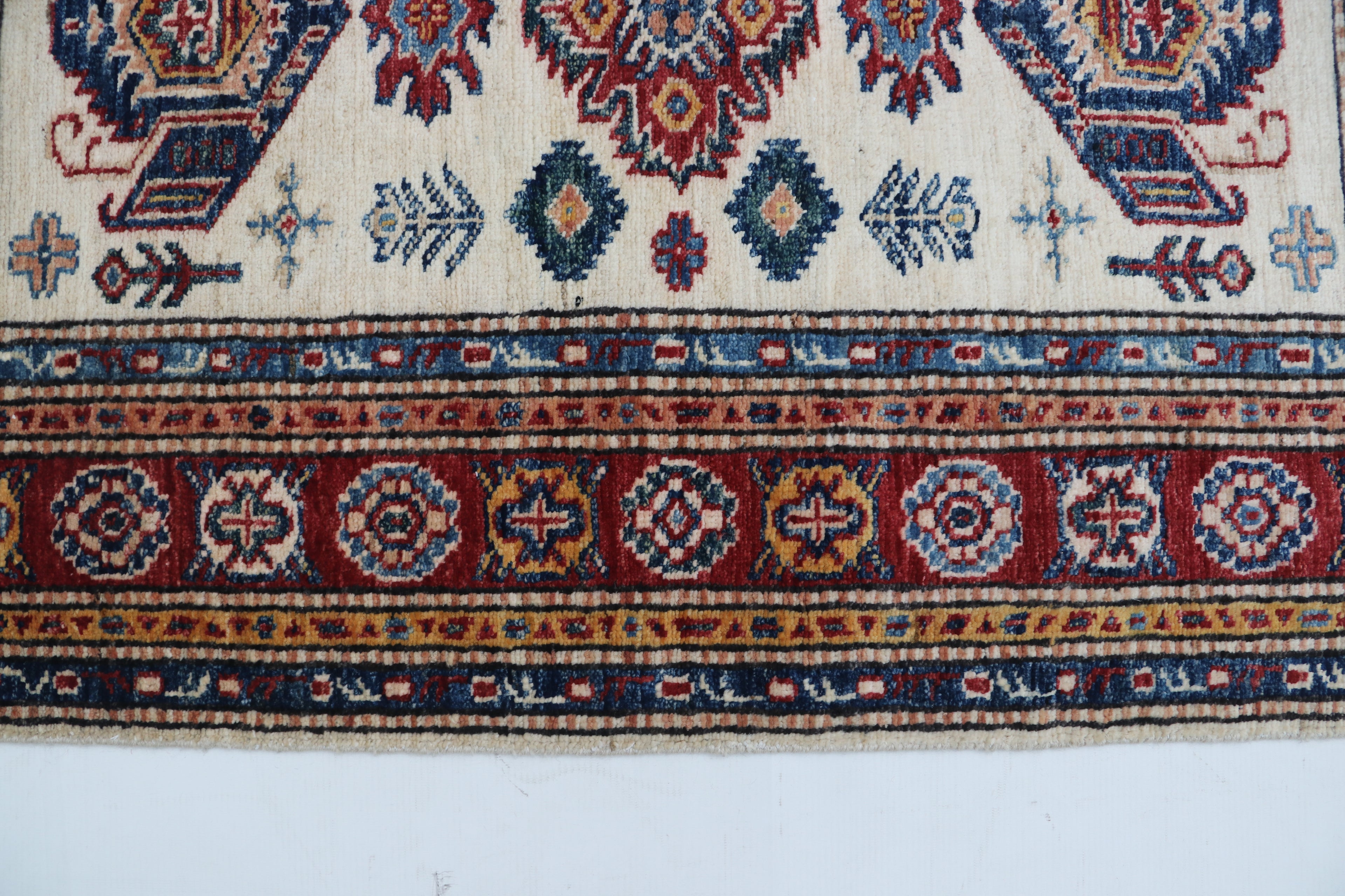 3x4 Beige & Red Super Kazak Area Rug | Handmade Wool & Cotton Geometric Rug