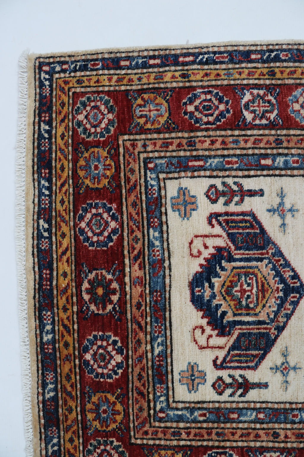 3x4 Beige & Red Super Kazak Area Rug | Handmade Wool & Cotton Geometric Rug