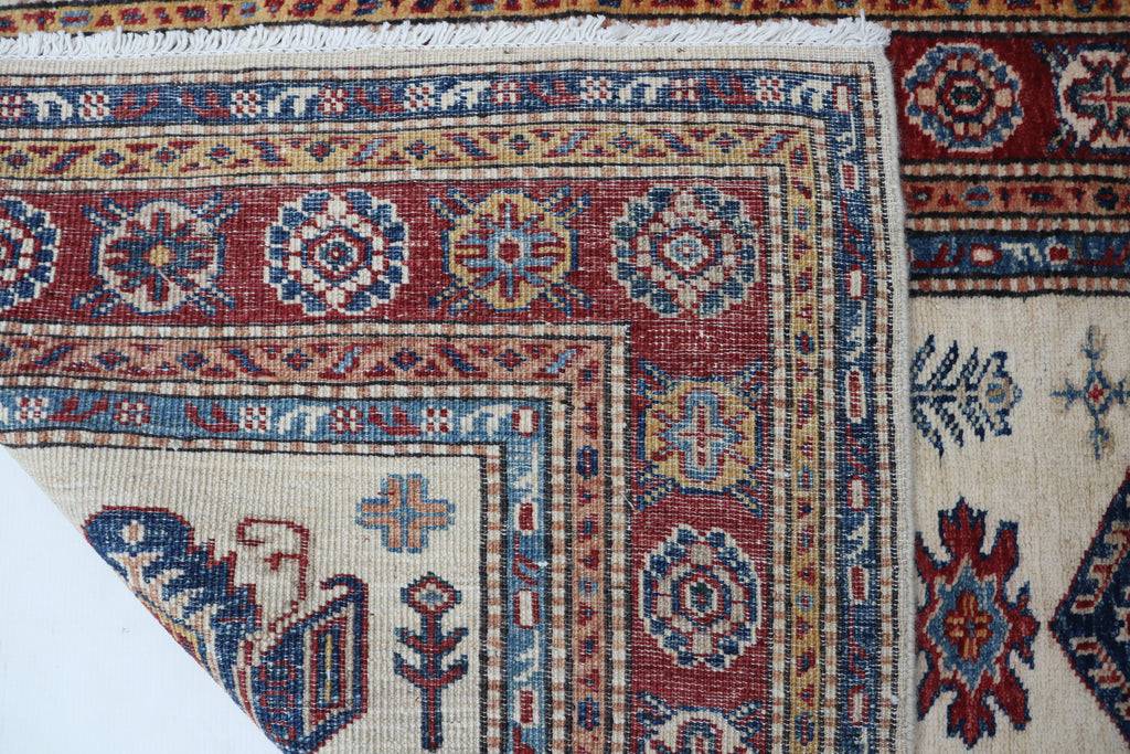 3x4 Beige & Red Super Kazak Area Rug | Handmade Wool & Cotton Geometric Rug
