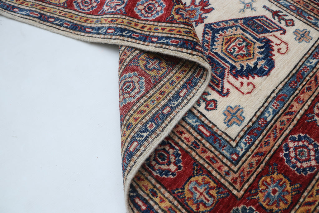 3x4 Beige & Red Super Kazak Area Rug | Handmade Wool & Cotton Geometric Rug