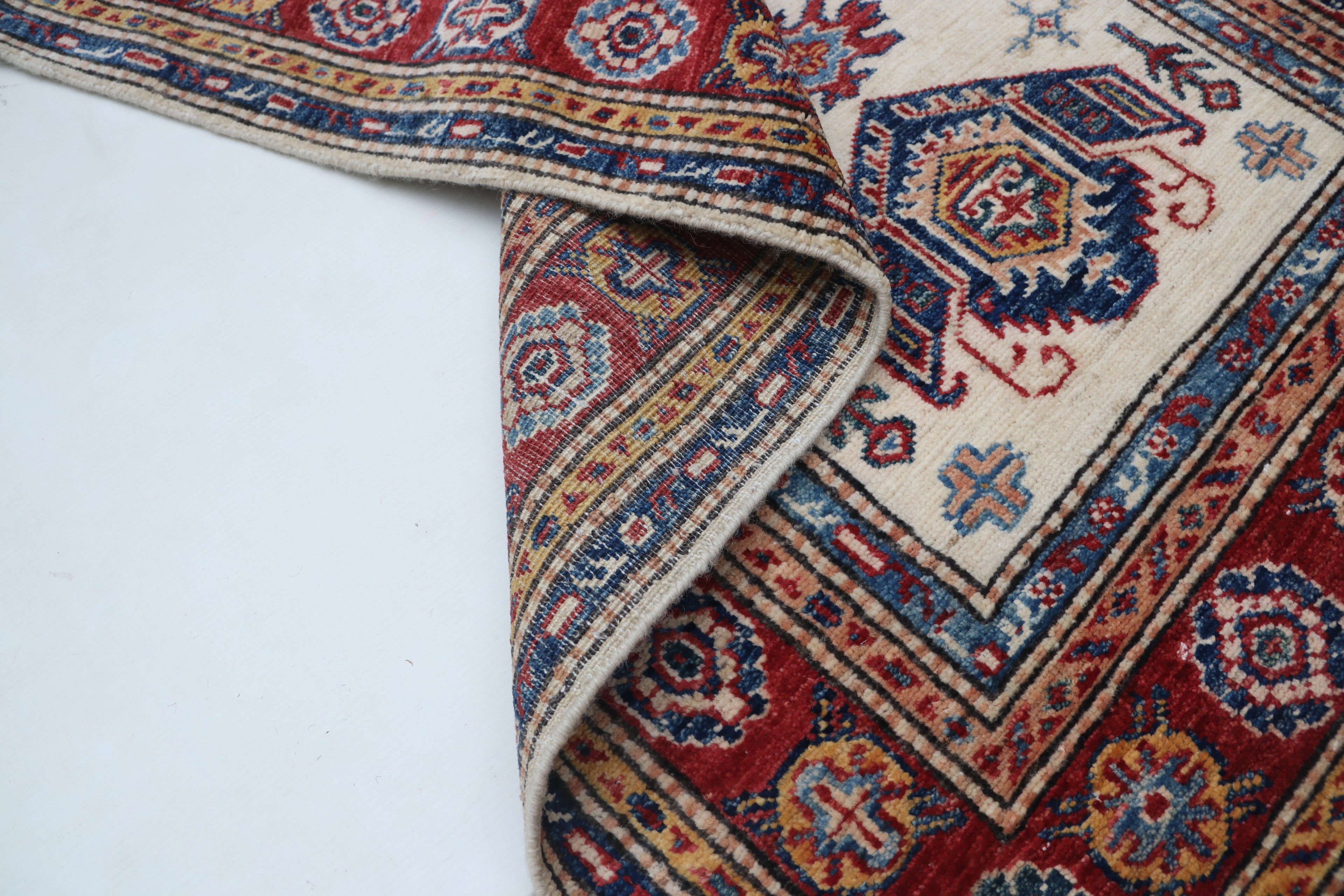 3x4 Beige & Red Super Kazak Area Rug | Handmade Wool & Cotton Geometric Rug