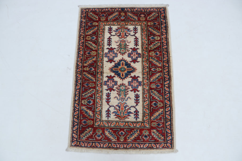 2x3 Beige & Red Super Kazak Area Rug | Handmade Wool & Cotton Geometric Rug