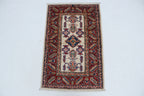 2x3 Beige & Red Super Kazak Area Rug | Handmade Wool & Cotton Geometric Rug
