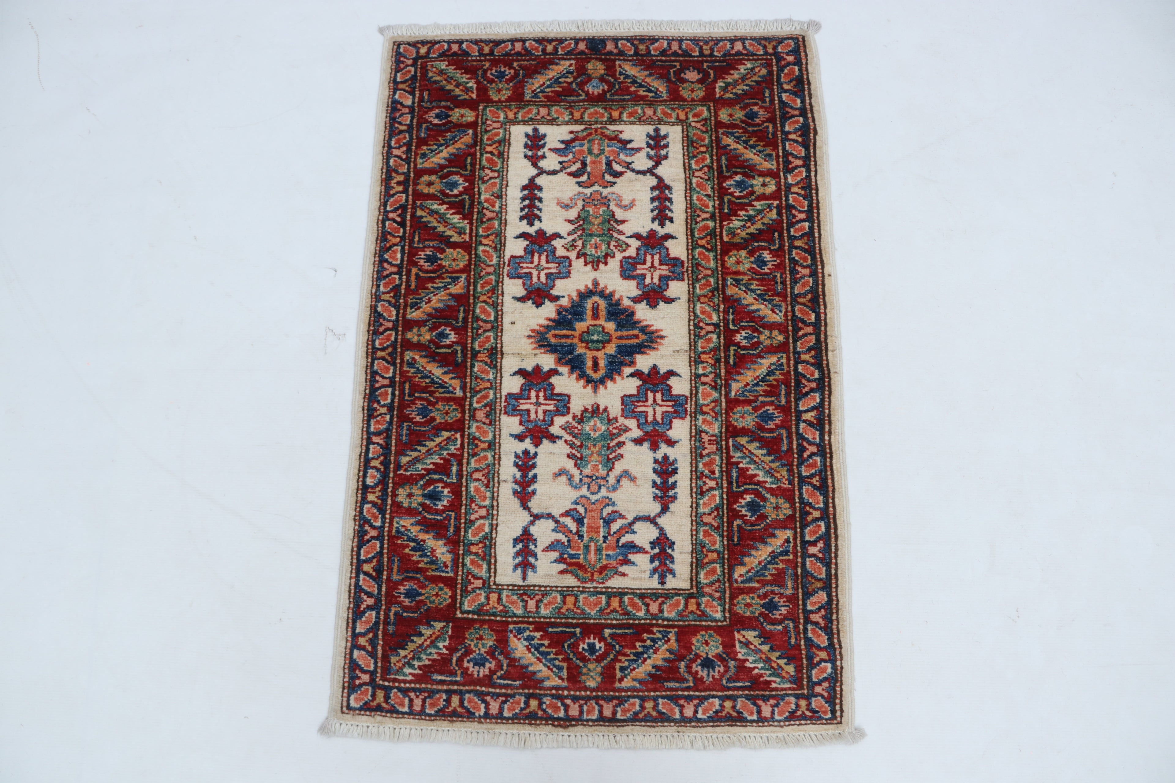 2x3 Beige & Red Super Kazak Area Rug | Handmade Wool & Cotton Geometric Rug