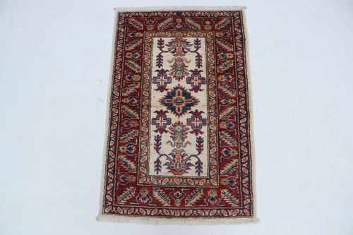 2x3 Beige & Red Super Kazak Area Rug | Handmade Wool & Cotton Geometric Rug