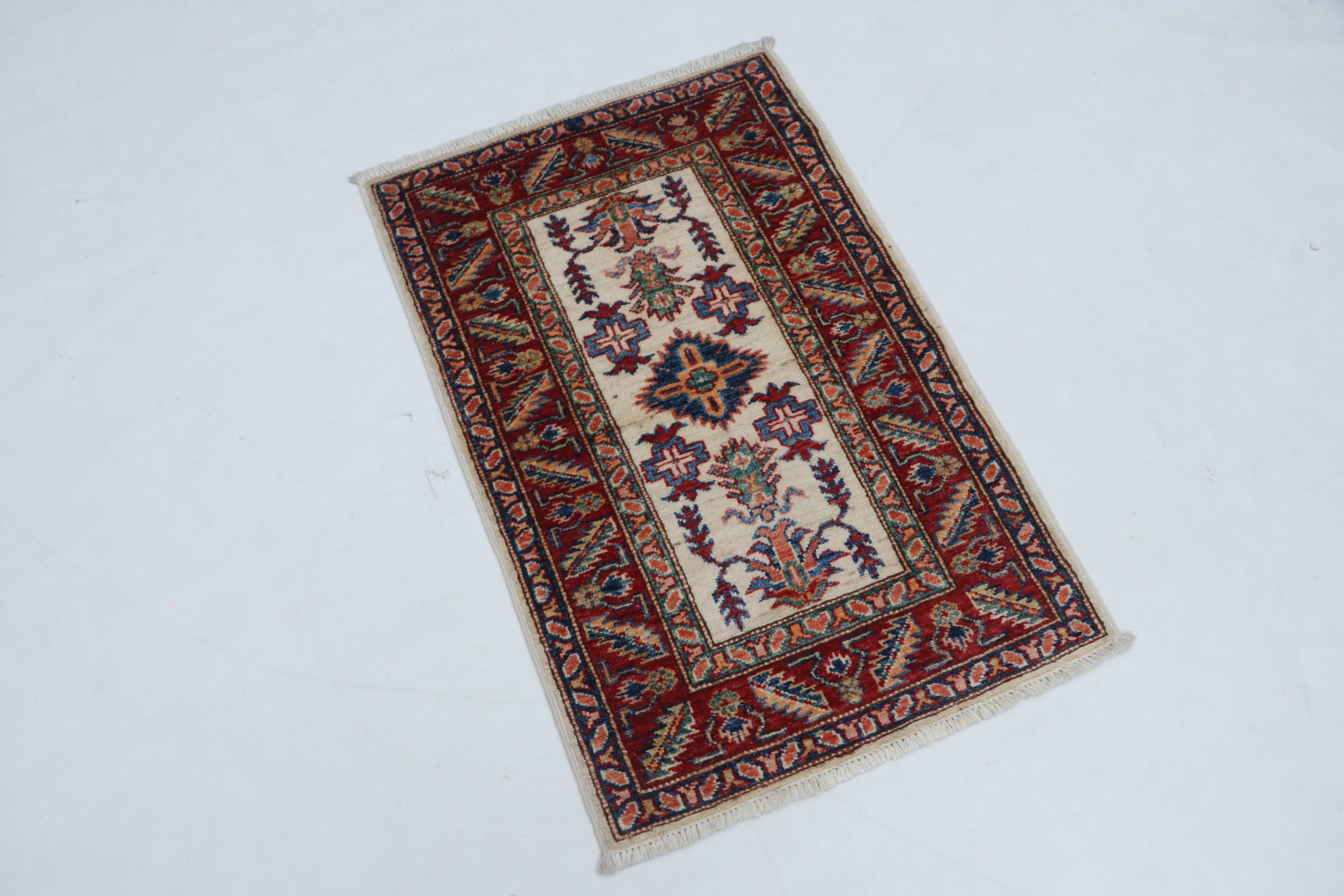 2x3 Beige & Red Super Kazak Area Rug | Handmade Wool & Cotton Geometric Rug