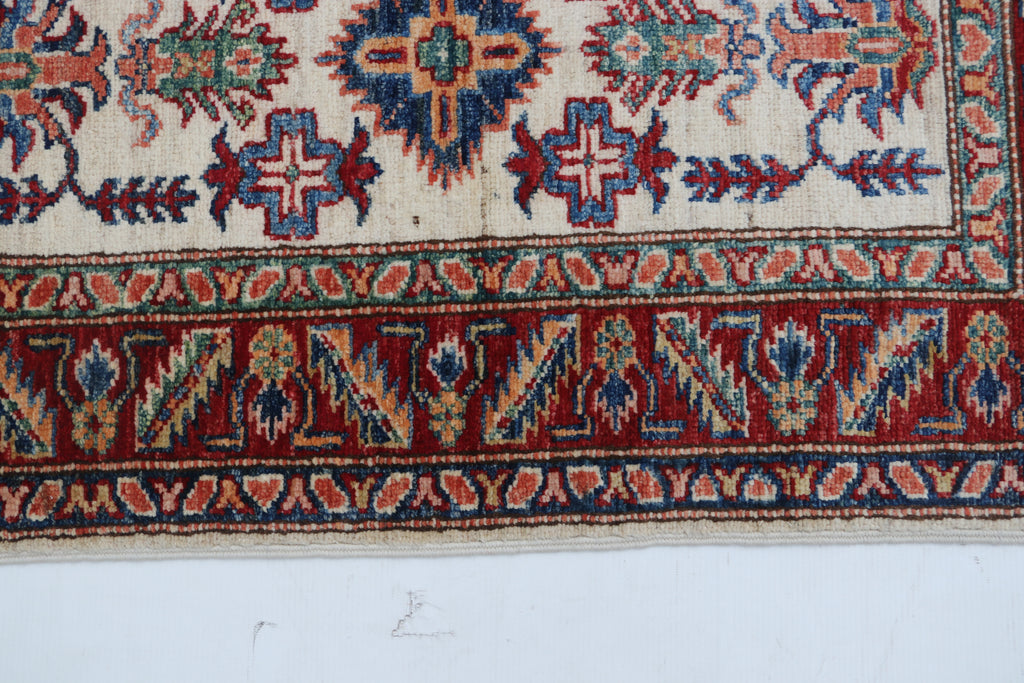 2x3 Beige & Red Super Kazak Area Rug | Handmade Wool & Cotton Geometric Rug