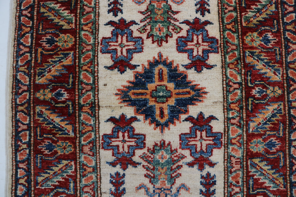 2x3 Beige & Red Super Kazak Area Rug | Handmade Wool & Cotton Geometric Rug