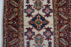 2x3 Beige & Red Super Kazak Area Rug | Handmade Wool & Cotton Geometric Rug