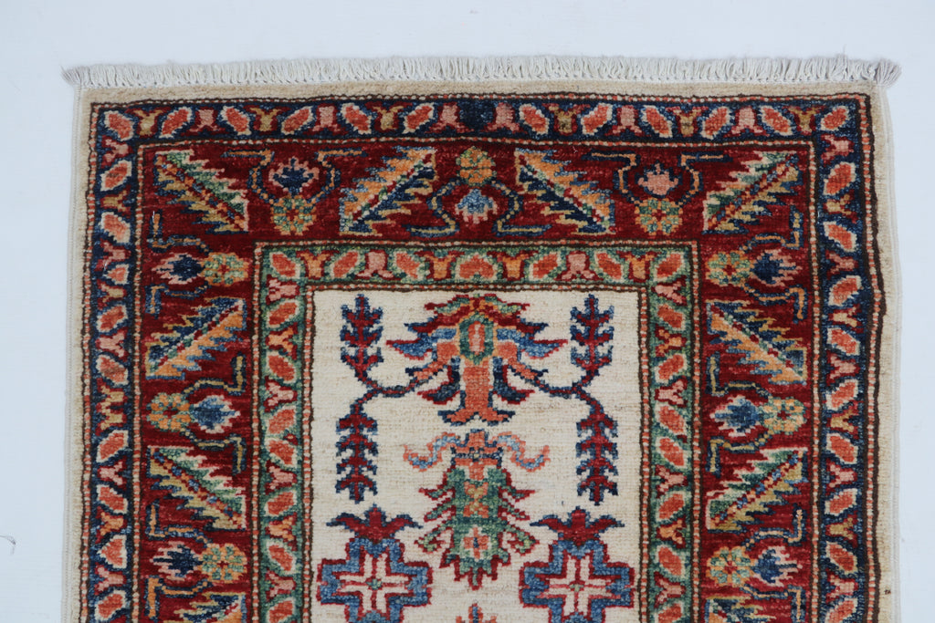 2x3 Beige & Red Super Kazak Area Rug | Handmade Wool & Cotton Geometric Rug