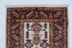 2x3 Beige & Red Super Kazak Area Rug | Handmade Wool & Cotton Geometric Rug
