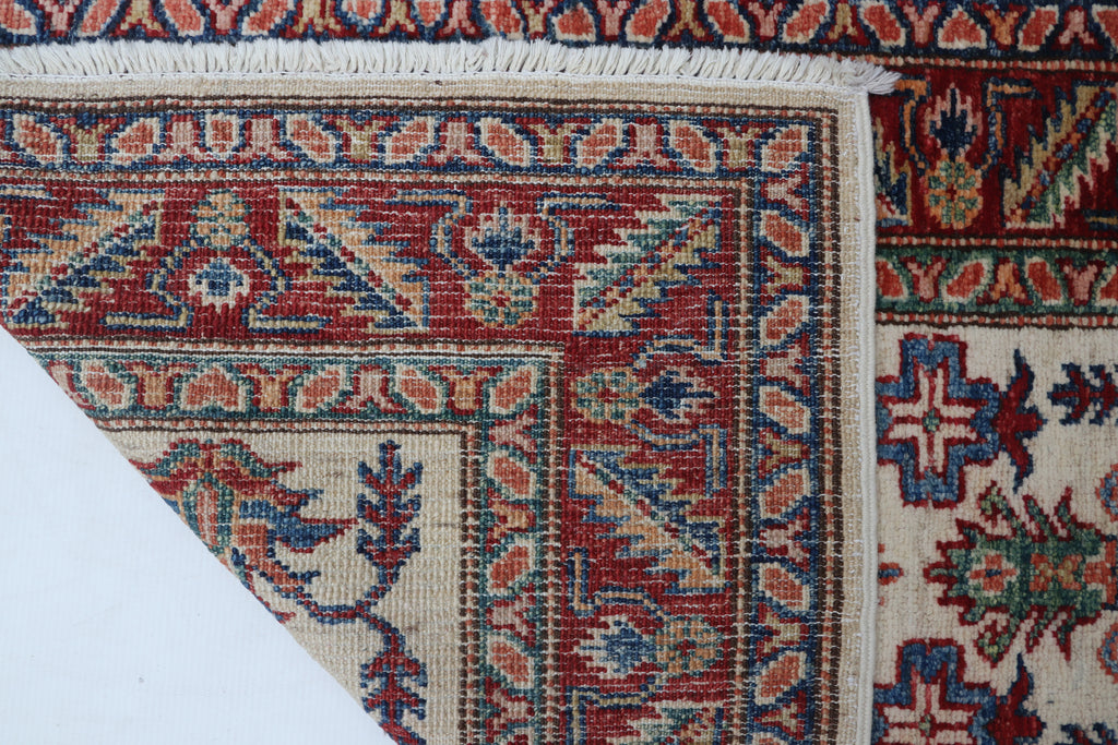 2x3 Beige & Red Super Kazak Area Rug | Handmade Wool & Cotton Geometric Rug