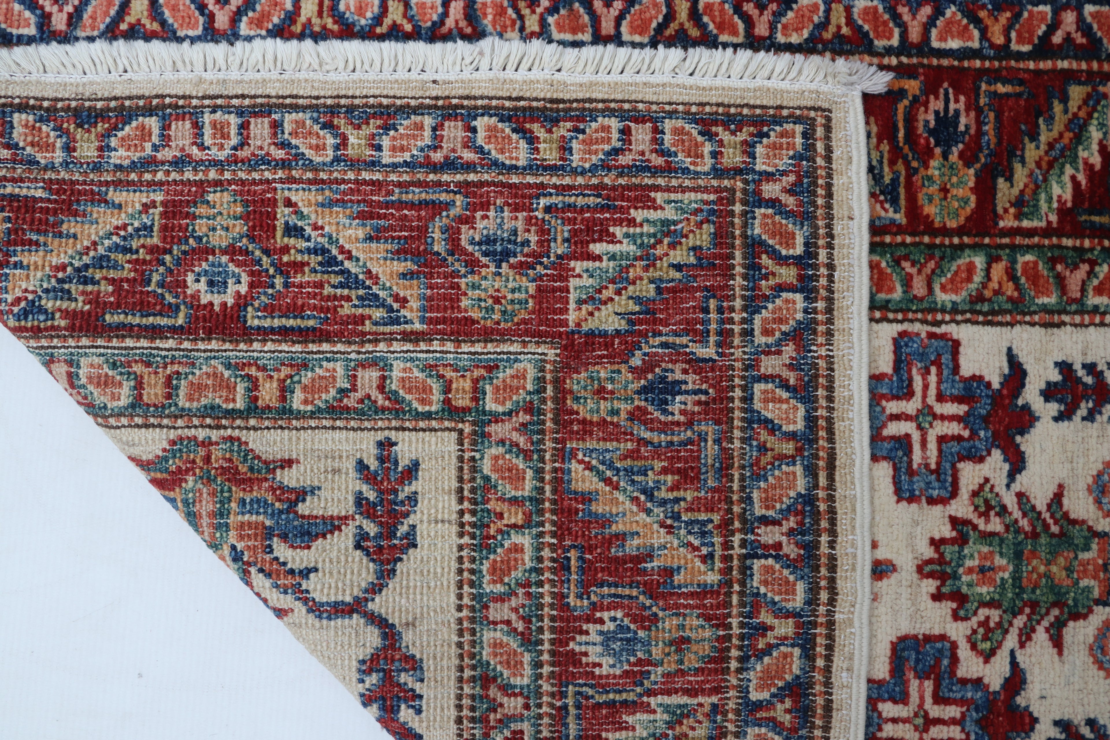 2x3 Beige & Red Super Kazak Area Rug | Handmade Wool & Cotton Geometric Rug