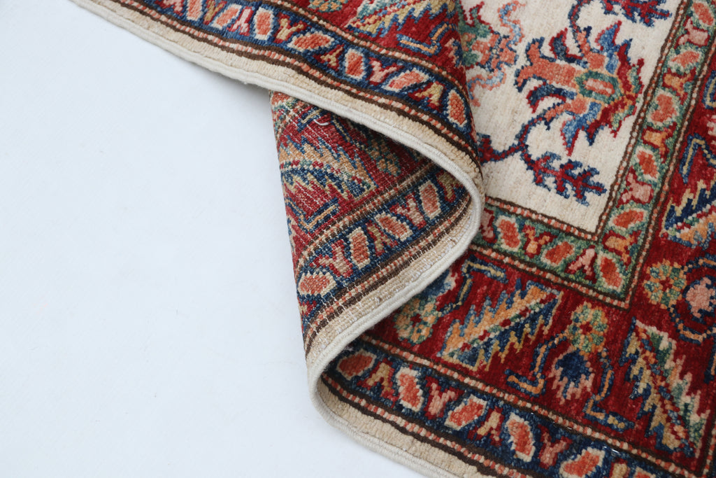 2x3 Beige & Red Super Kazak Area Rug | Handmade Wool & Cotton Geometric Rug