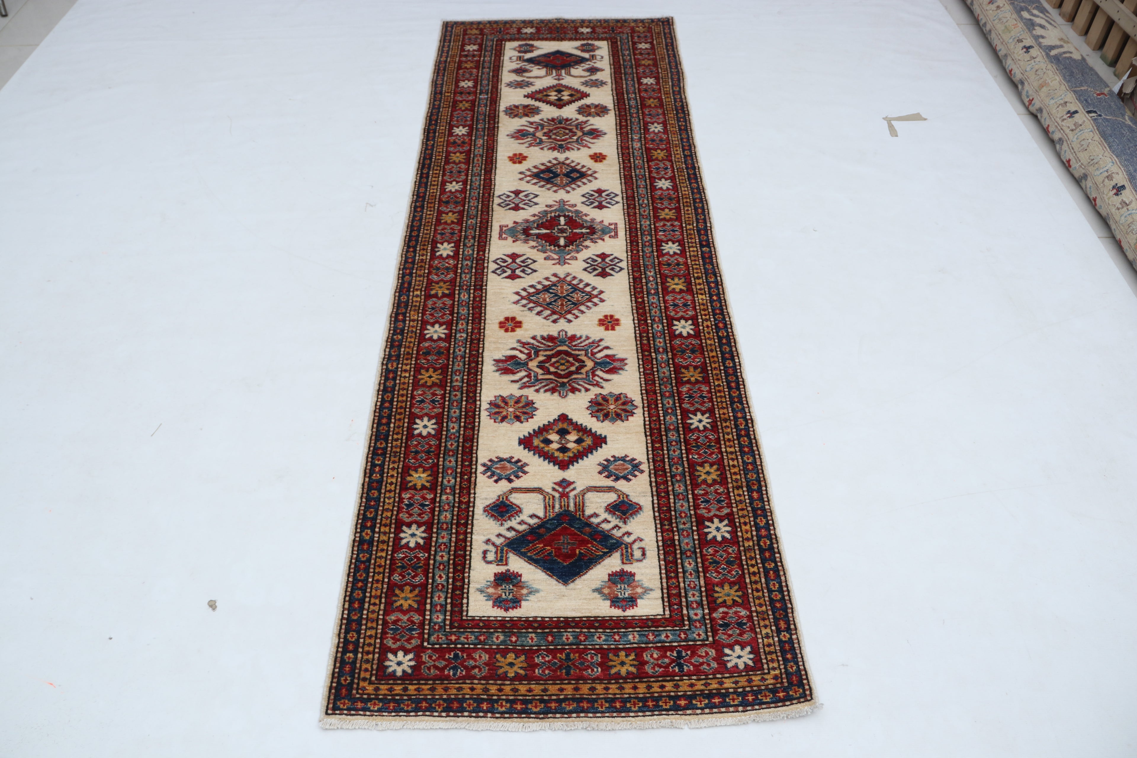 2x8 Beige & Red Super Kazak Runner Rug | Handmade Wool & Cotton Geometric Rug