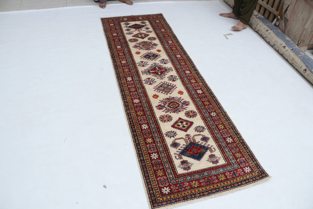 2x8 Beige & Red Super Kazak Runner Rug | Handmade Wool & Cotton Geometric Rug