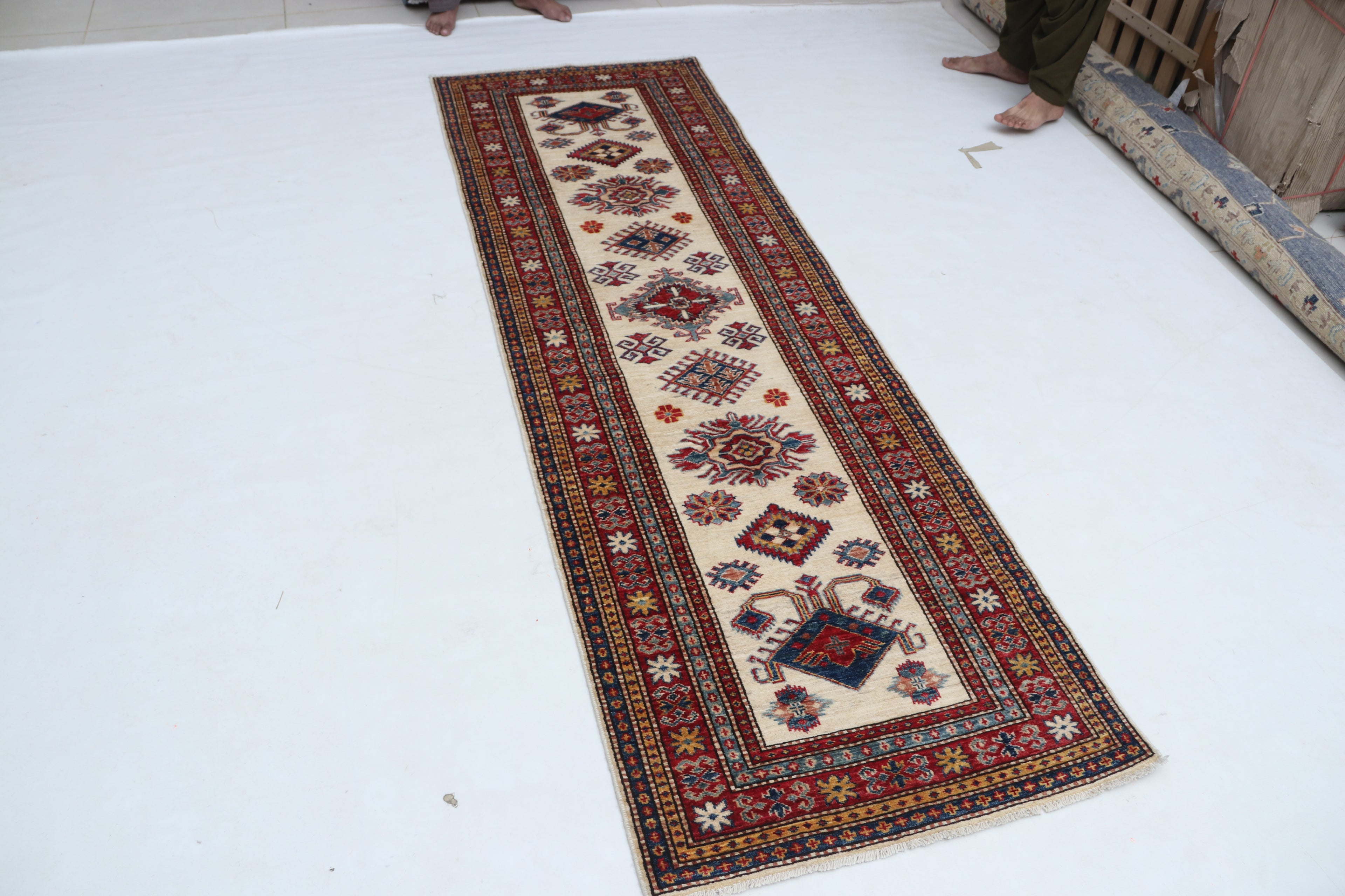 2x8 Beige & Red Super Kazak Runner Rug | Handmade Wool & Cotton Geometric Rug
