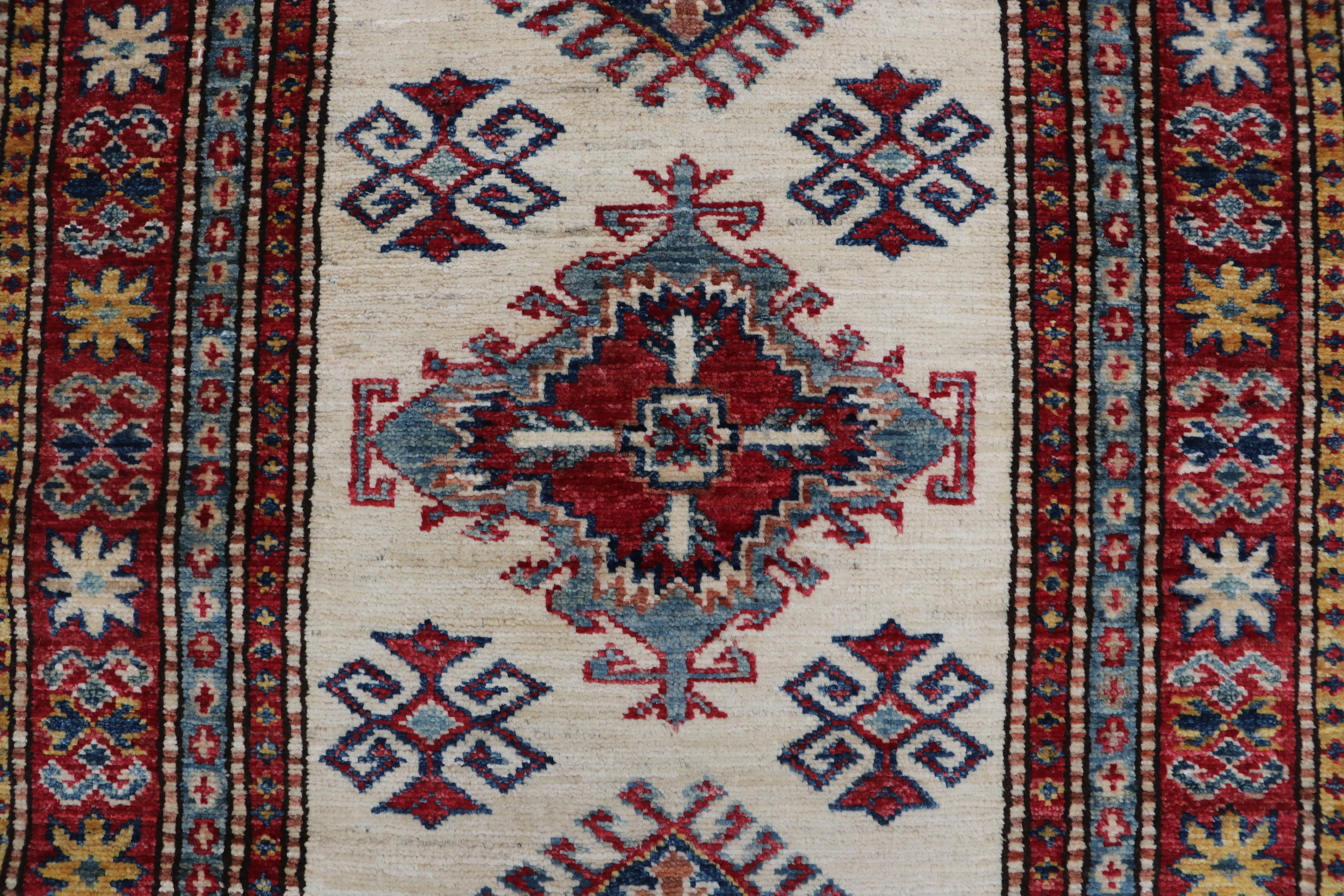2x8 Beige & Red Super Kazak Runner Rug | Handmade Wool & Cotton Geometric Rug