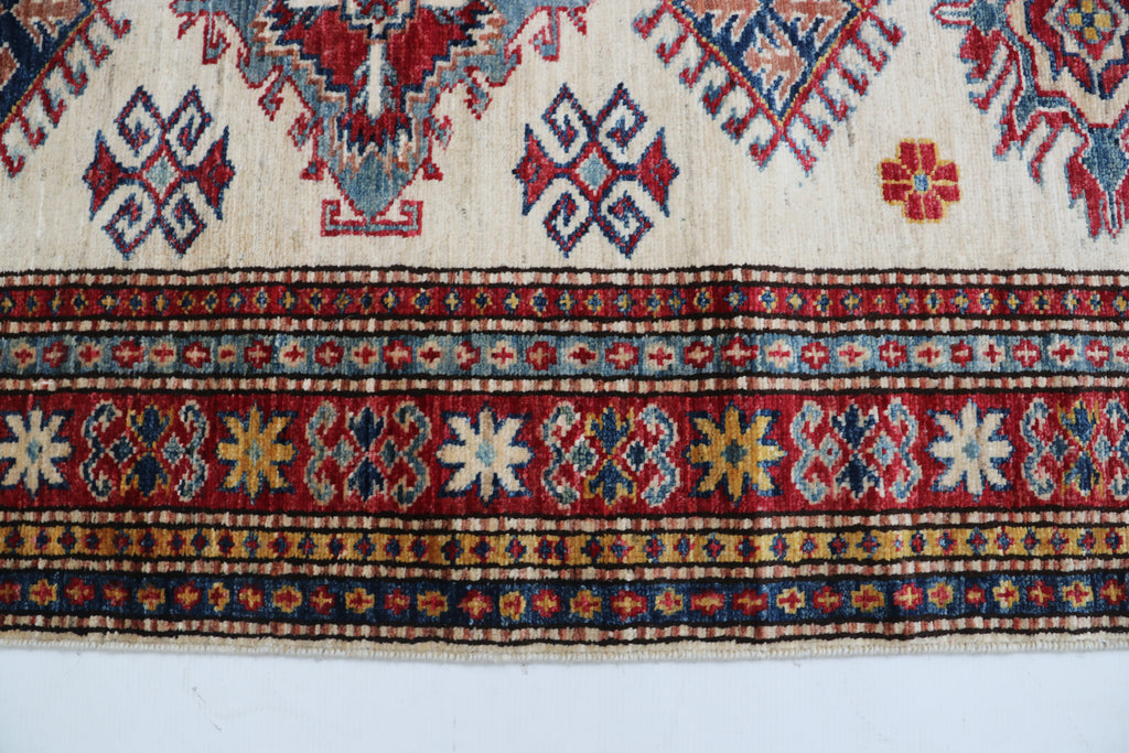 2x8 Beige & Red Super Kazak Runner Rug | Handmade Wool & Cotton Geometric Rug