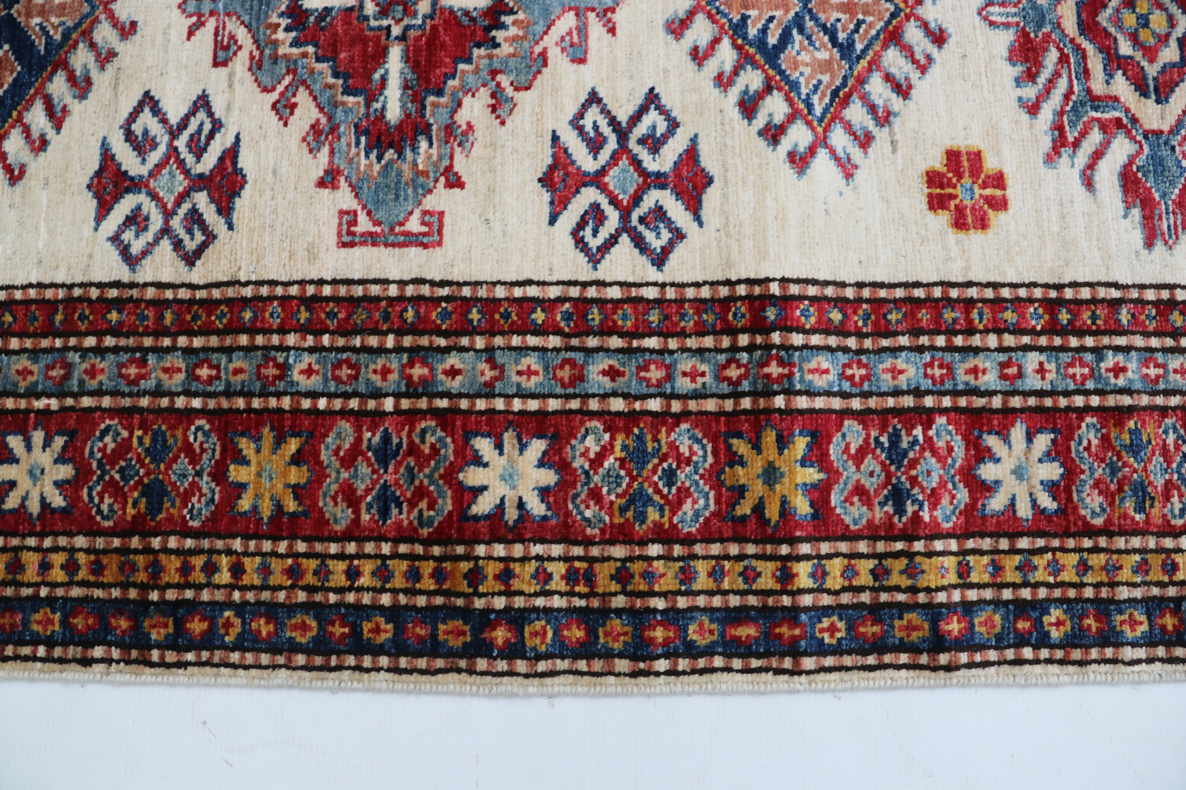 2x8 Beige & Red Super Kazak Runner Rug | Handmade Wool & Cotton Geometric Rug