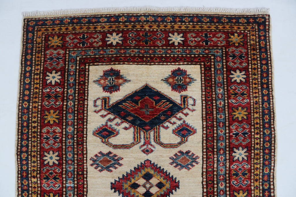 2x8 Beige & Red Super Kazak Runner Rug | Handmade Wool & Cotton Geometric Rug