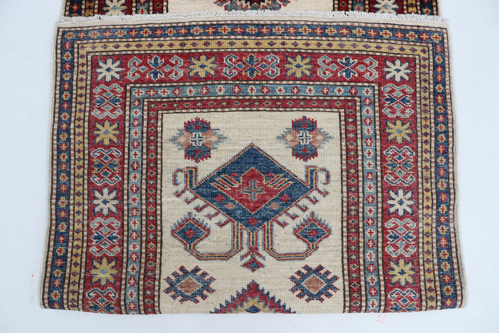 2x8 Beige & Red Super Kazak Runner Rug | Handmade Wool & Cotton Geometric Rug