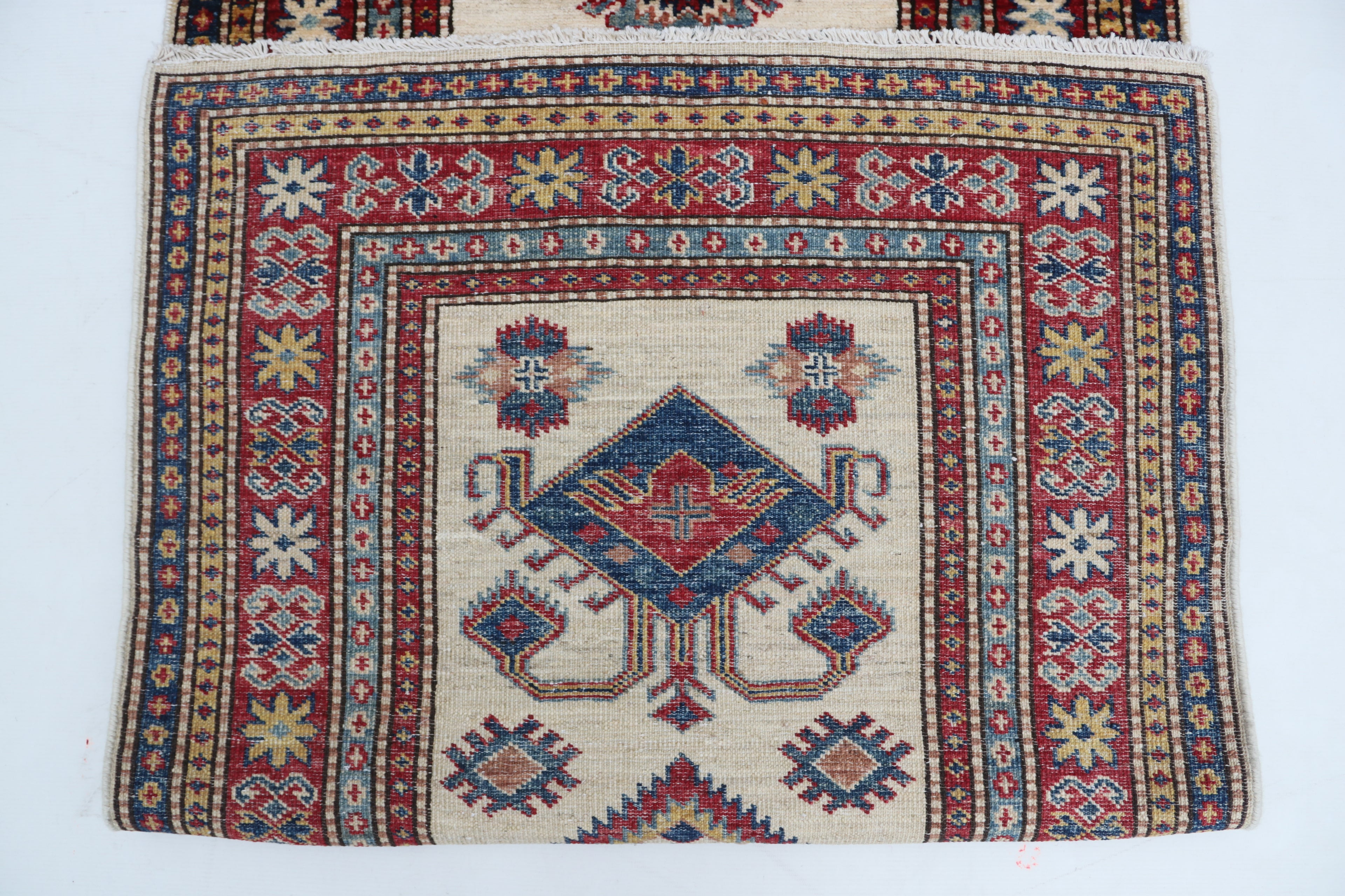 2x8 Beige & Red Super Kazak Runner Rug | Handmade Wool & Cotton Geometric Rug